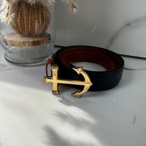 Kiel James Patrick Leather Anchor Nautical Belt Unisex Black Tan Gold Buckle 30‎